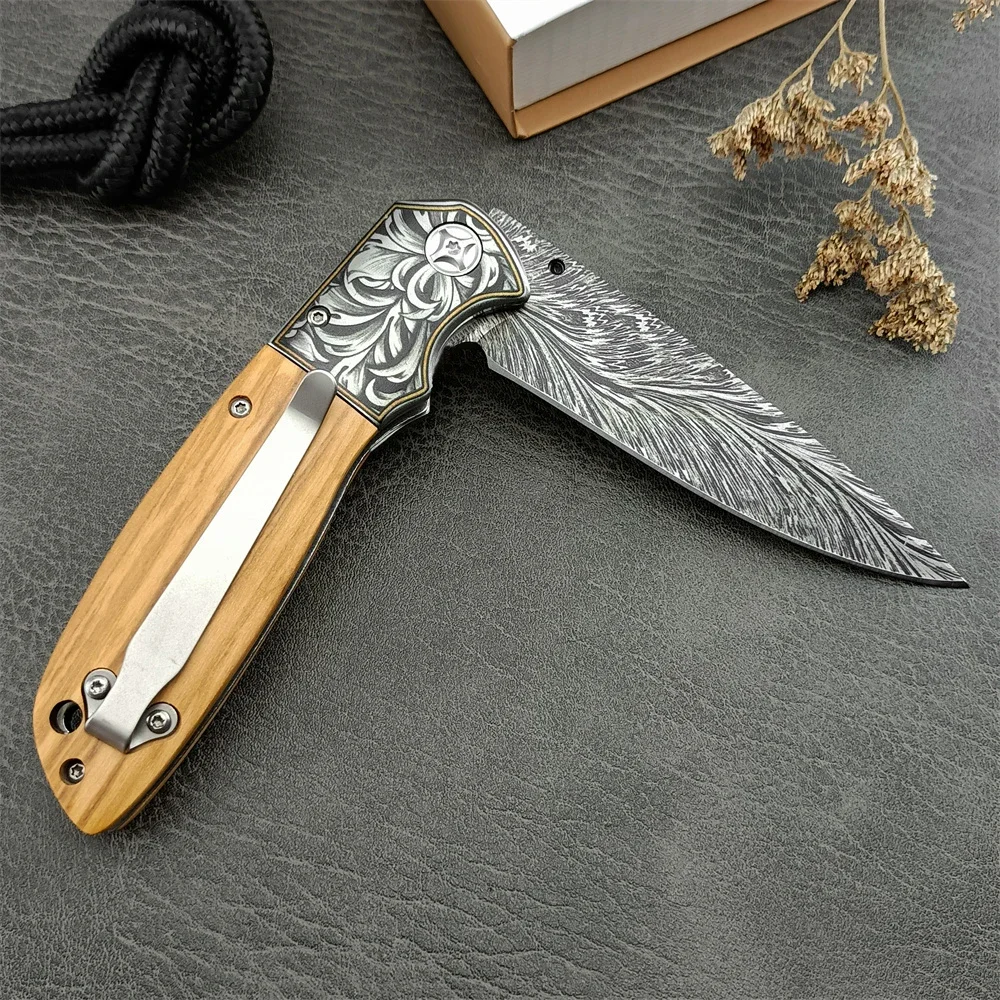 Outdoor Hunting Knife Pattern 8Cr13Mov Blade Colored Wood Handle Folding Knife Camping Tactical Rescue Tool with Pocket Clip