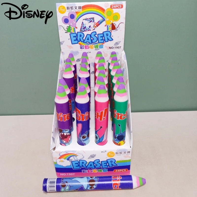 24 Pcs Disney Stitch Rainbow Pencil Modeling Eraser Lilo & Stitch Cartoon Cute Student Supplies Stationery Wholesale