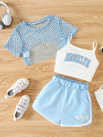 Girls Three-Piece Clothing New Breathable Summer Thin Fashion Short-Sleeved Mesh Top + Letter Printed Short Vest Suspender + Letter Printed Sports Shorts