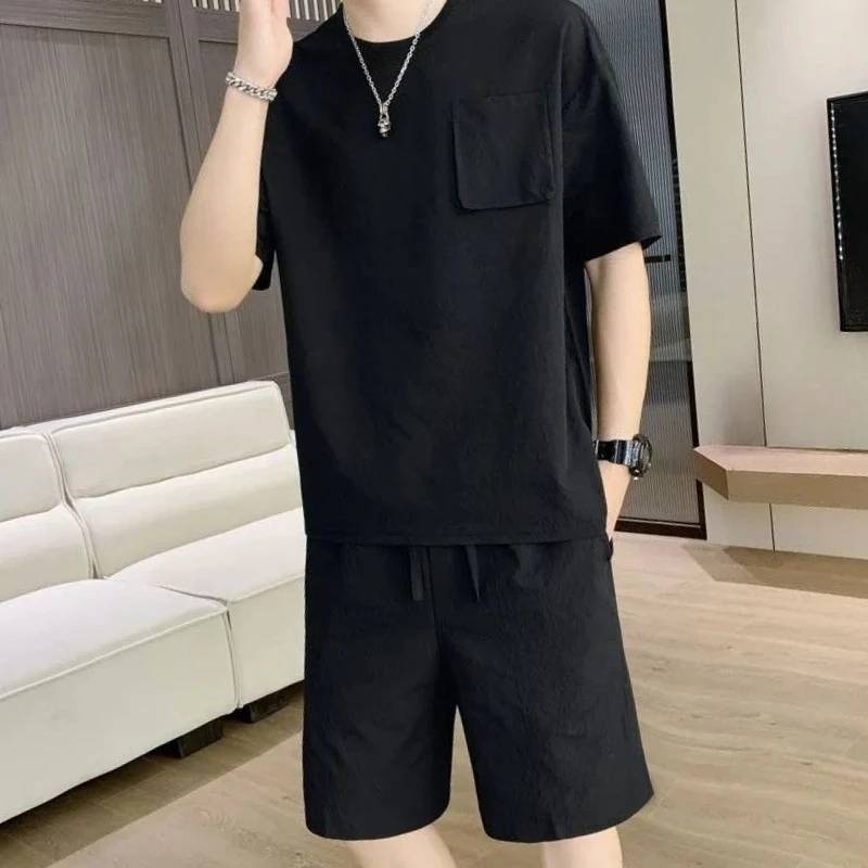 

Men's Summer 2 Piece Set New Arrival Short Sleeve Solid Color Casual Trendy Chinese Style Loose Fit Sports Shorts Stylish
