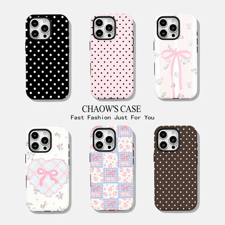 Funda de Moda Elegante con Moño y Lunares para iPhone 17 16 15 14 13 12 11 Pro Max Air Plus Lujosa de Doble Capa