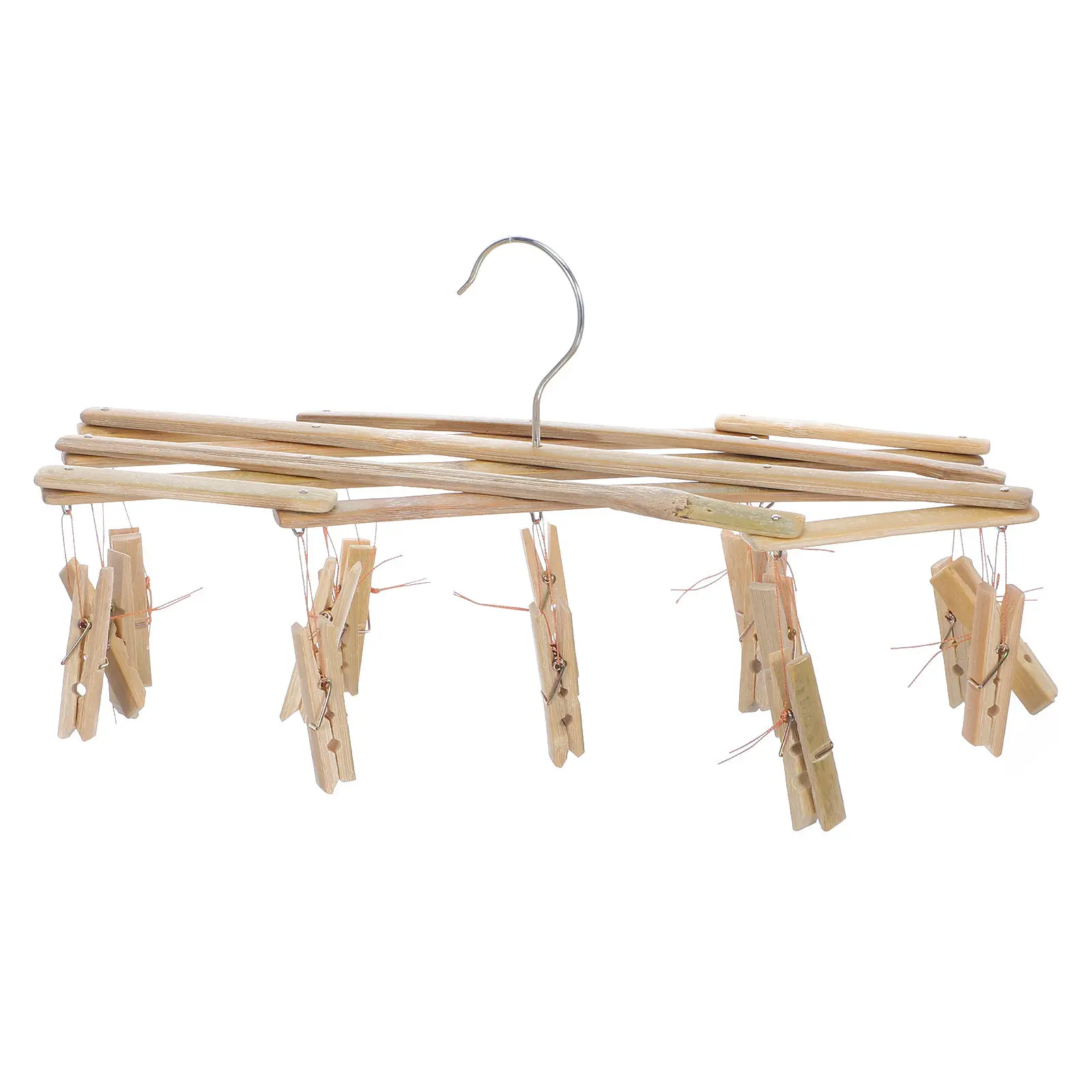 Multi Clip Sock Drying Rack Bamboo Hanger 16 Pegs Space Saver Windproof Laundry Rack for Socks Underwear Clothes