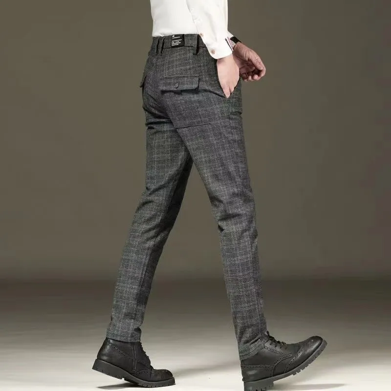 New Arrivals Men\'s Plaid Casual High-Quality Long Pants Straight Business Suit Pants Fashionable Brand Slim Fit Casual Elastic