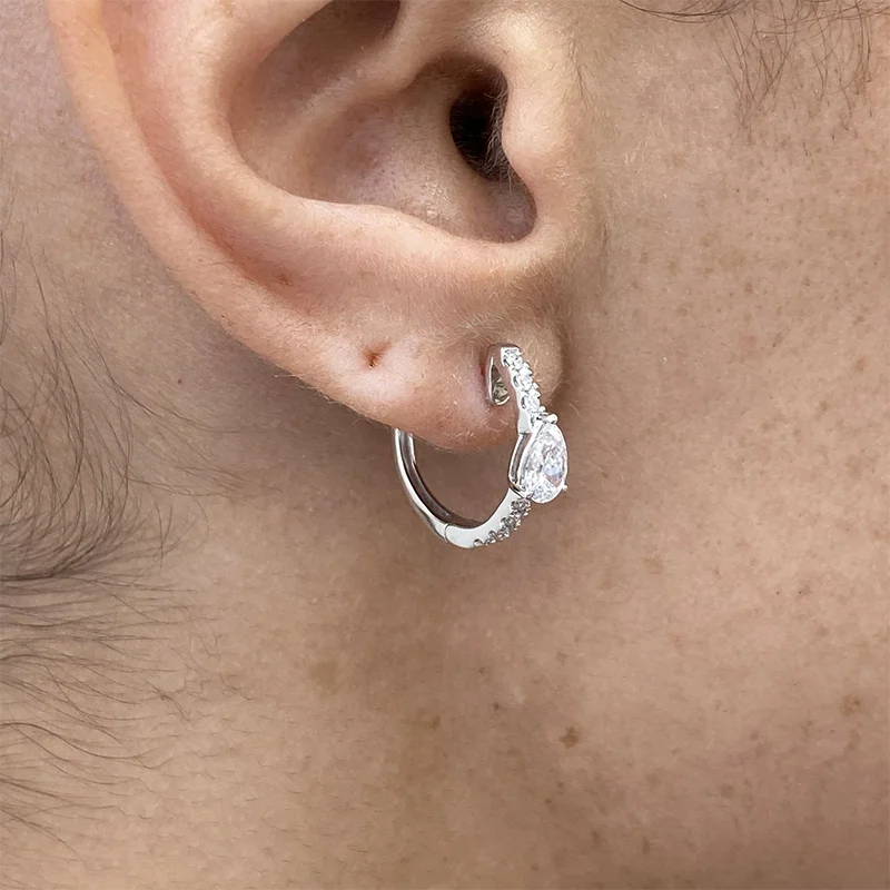 Solid 14K White Gold 1.02ctw DEF/VS VVS Pear&round Cut HPHT Lab Grown Diamond Hoop Earrings Birthday Anniversary Gift