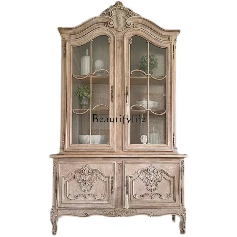 

American country retro two door solid wood carving flower wine cabinet French old bookshelf