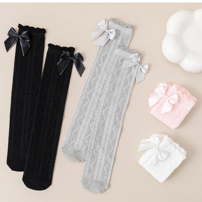 Combed Cotton Socks for School Event Antimosquito Over the Knee Socks for Kids Breathable Bowknot Socks for Little Girl