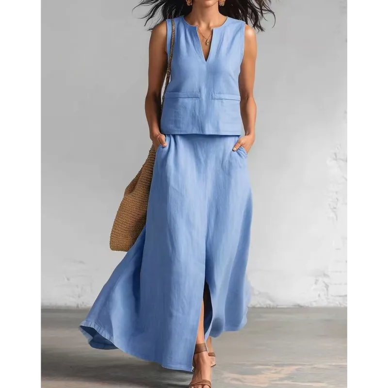 

Commuting Fashion Skirt Set Solid Color V-neck Sleeveless Vest Top + High Waisted Half Skirt Casual Loose Two-piece Set Vacation