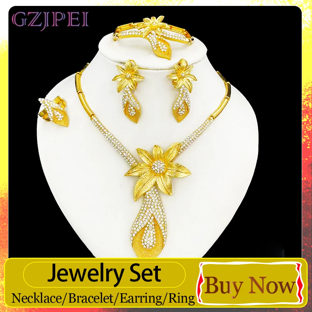 GZJPEI 18K vergoldetes Blumen-Schmuckset für Damen, luxuriöses Set mit Halskette, Ohrringen, Armband und Ring, Hochzeits- und Bankett-Schmuckset 2026