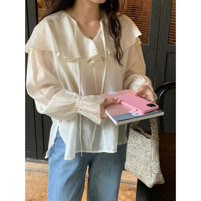 

2024 Spring Autumn New Women's Thin Style Pullovers Spliced Ruffled Neck Tie Up with Elegant Loose Flare Sleeve Chiffon Tops