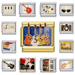 2024 Women's Gift Music Guitar Piano Painting Italian Charms Links Beads Fit 9mm Stainless Steel Bracelet DIY Jewelry