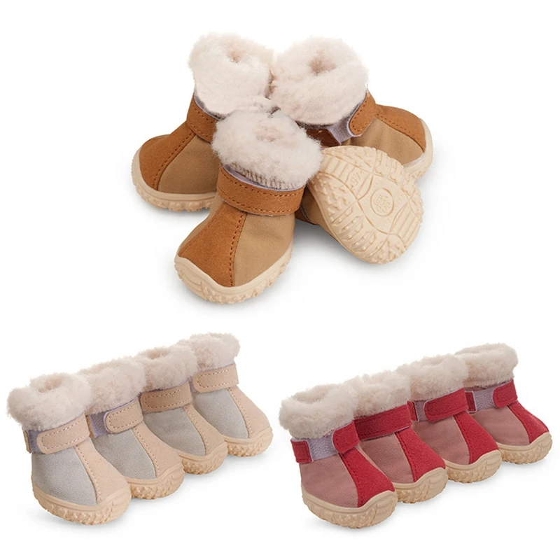 Winter Dog Booties for Small Dogs 4pcs/Set Thicken Fleece Warm Dog Snow Boots Durable Anti-Slip Kick Proof Dog Shoes