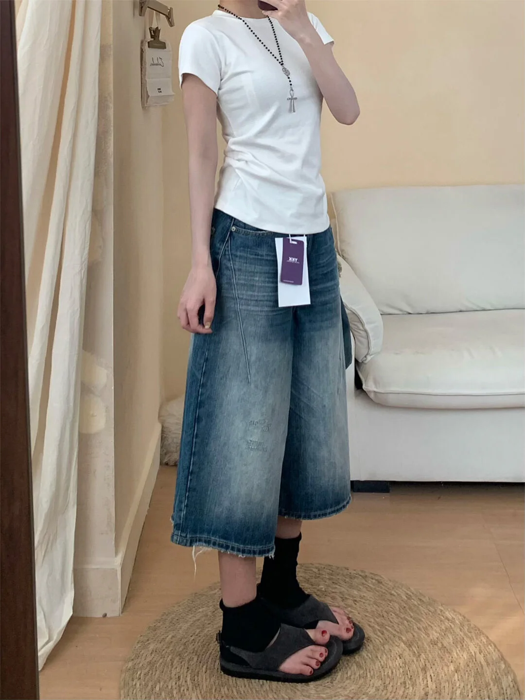 

High Waist Wide Leg Jeans Women's Summer New Style Ripped Blue Skinny Thin American Style Denim Jeans Seven-Foot Pants