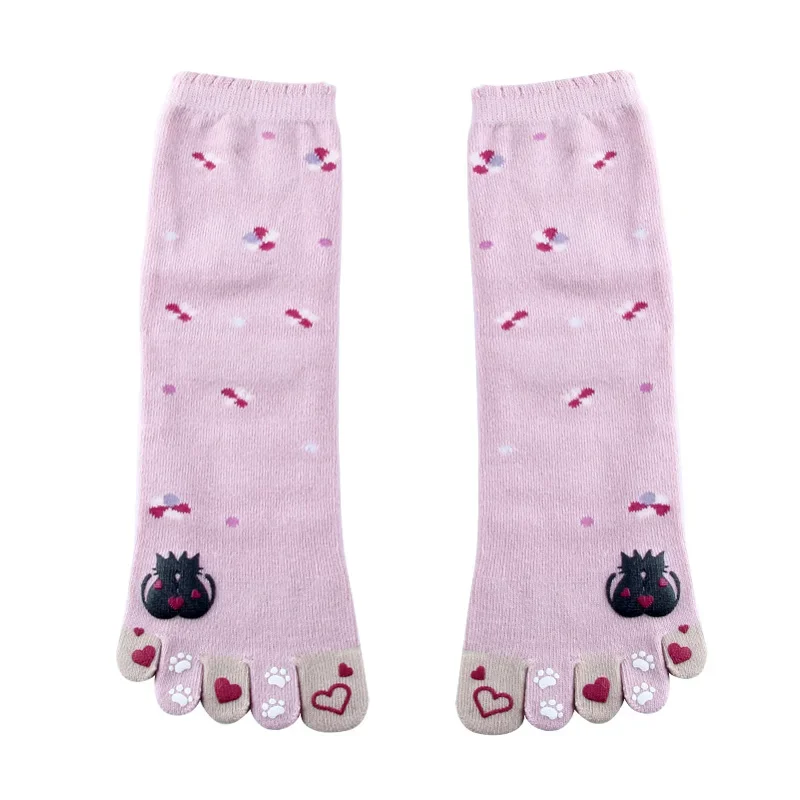 4 Pairs Japanese Style Five Finger Socks Women's Cute Cotton 5 Toe Separate Print Cat Cartoon 5 Toe Crew Tube Socks Love Cat