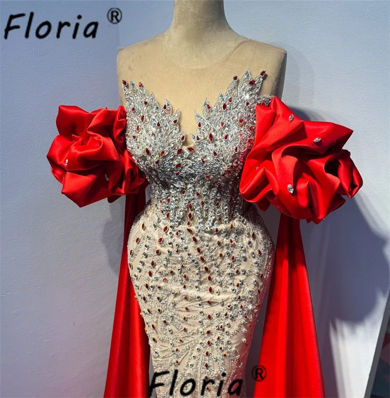 Dubai Red Wedding Dress with Detachable Sleeve Train Crystals Beads Mermaid Bridal Gown Formal Party Customized Vestidos noche