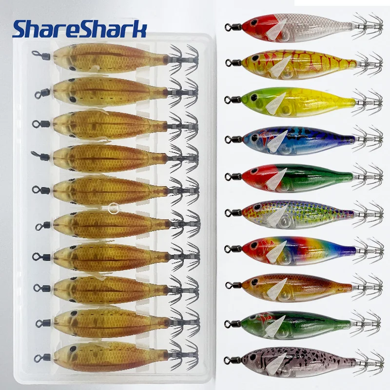 ShareShark 10pcs/Box 8cm/ 5.7g Shrimp Fishing Lures Luminous Squid Jig Hook Sea Fishing Accessories Artificial Bait Octopus Lure