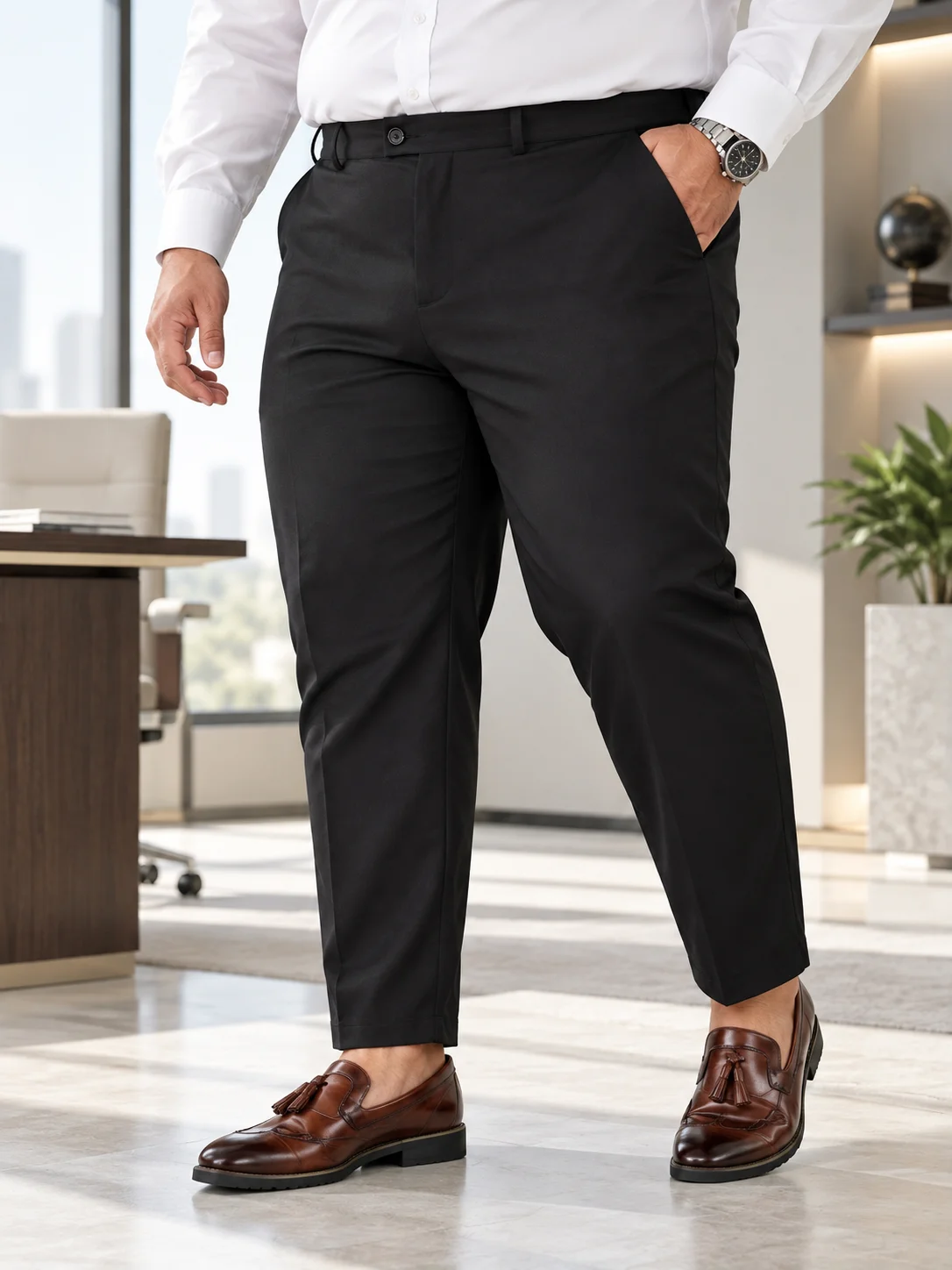 plus Size Men's Business Casual Suit Pants Classic Solid Color Simple Business Style Invisble Pocket Practical Design Elastic Wa