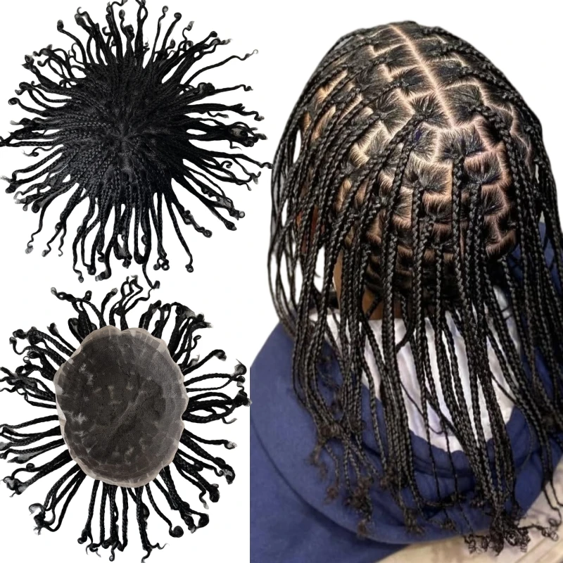 

Indian Virgin Human Hair Pieces #1B Off Black Box Braids Toupee 8x10 Full Lace Unit for Black Men