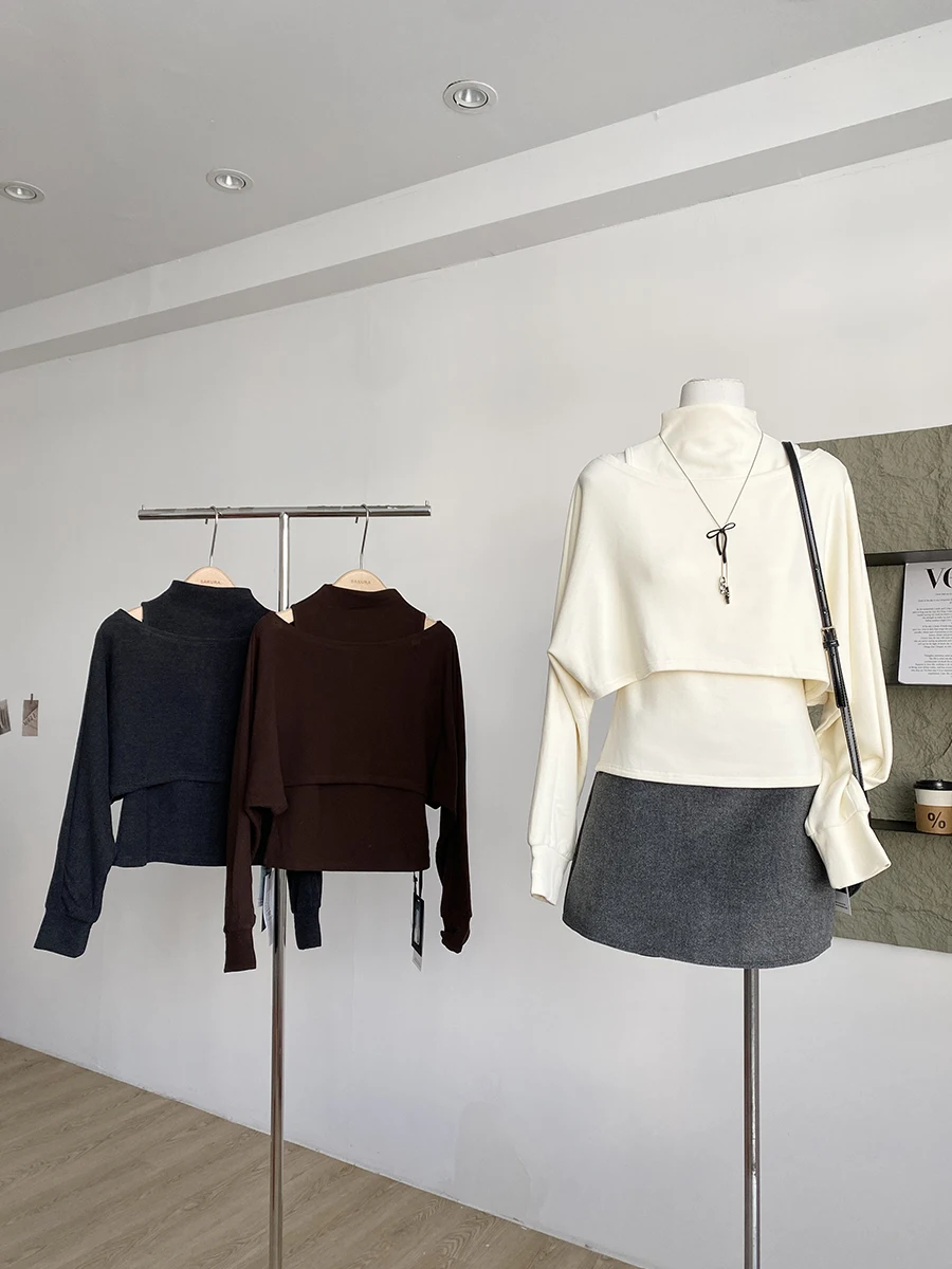 

Мягкий модный минималистичный однотонный комплект: футболка с длинным рукавом и жилет без рукавов с высоким воротником для женщин, осенняя новинка