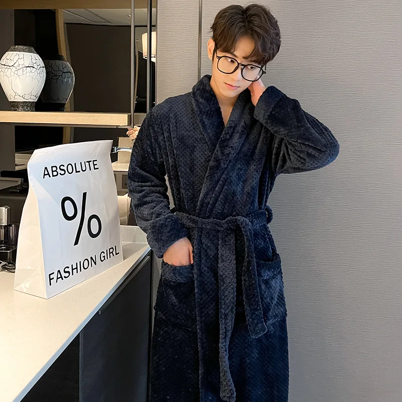 Nightwear Winter Thickened Men\'s Coral Velvet Pajamas Winter Plush Thick Flannel Home Clothing Towel Men\'s Bathrobe Bath Robe