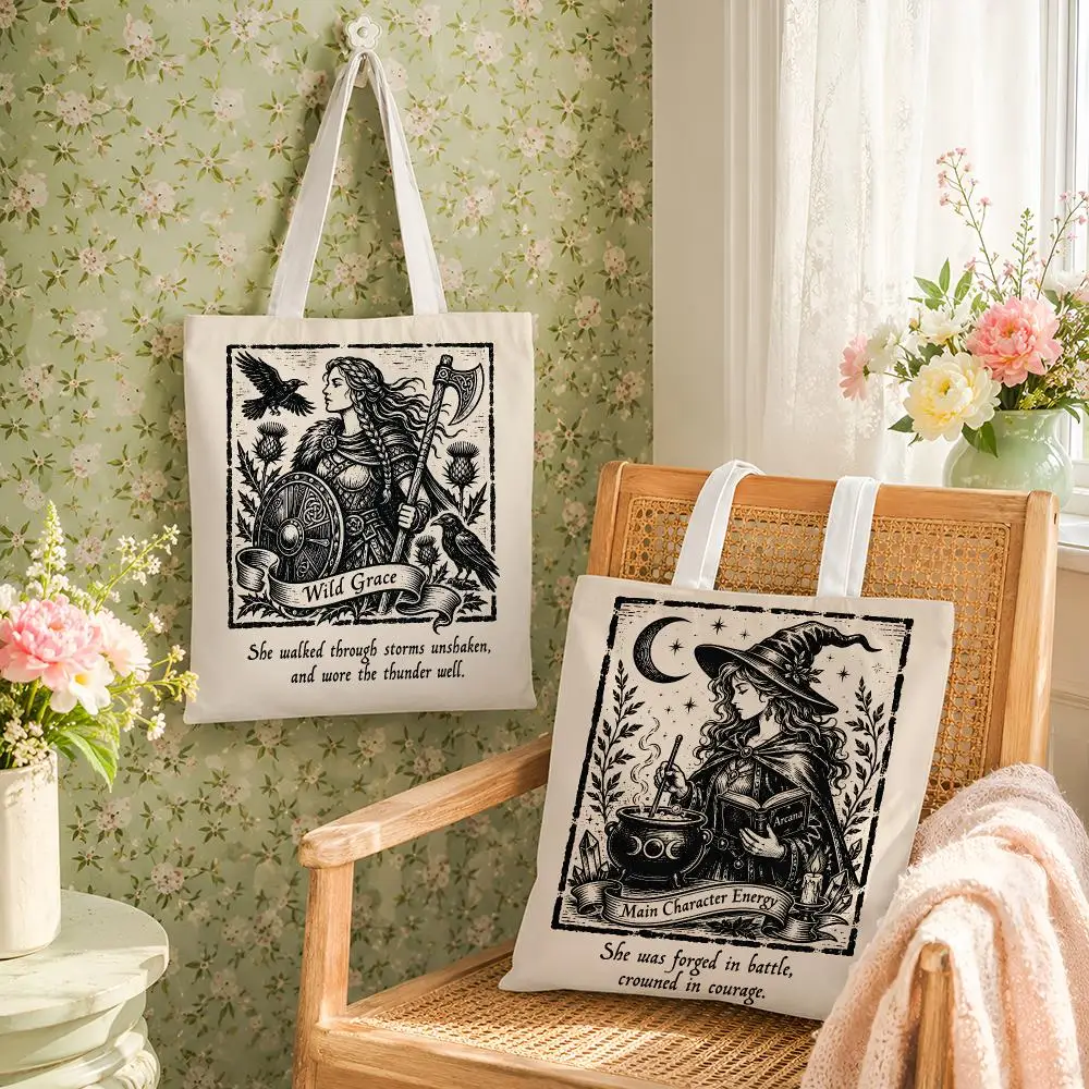 Warrior Maiden Woodcuts Storage Bags Reusable Canvas Tote Large Capacity Shoulder Carry For Shopping Travel Work School