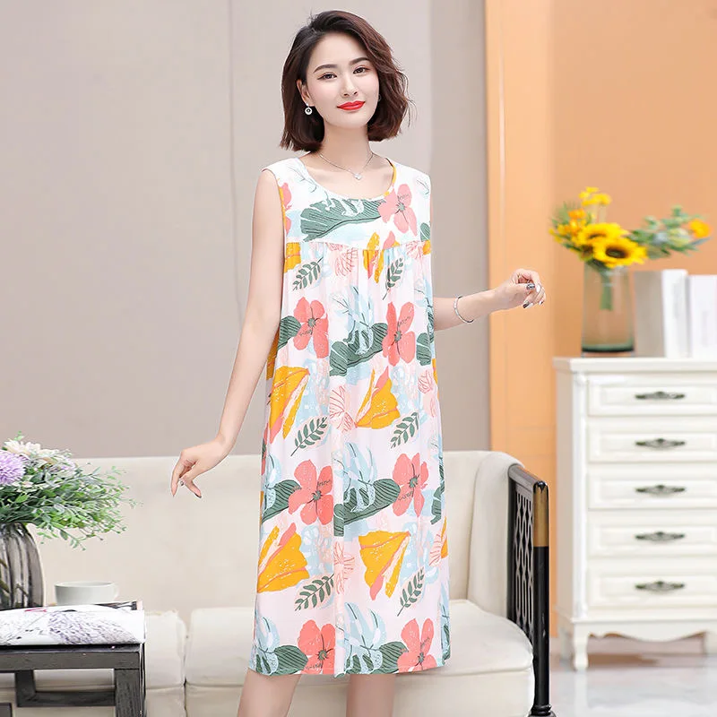 

Summer Nightgown Women's Sleeveless Dress Middle Aged Mother Pajamas Nightwear Household Clothes Comfortable Sleepwear Nightie