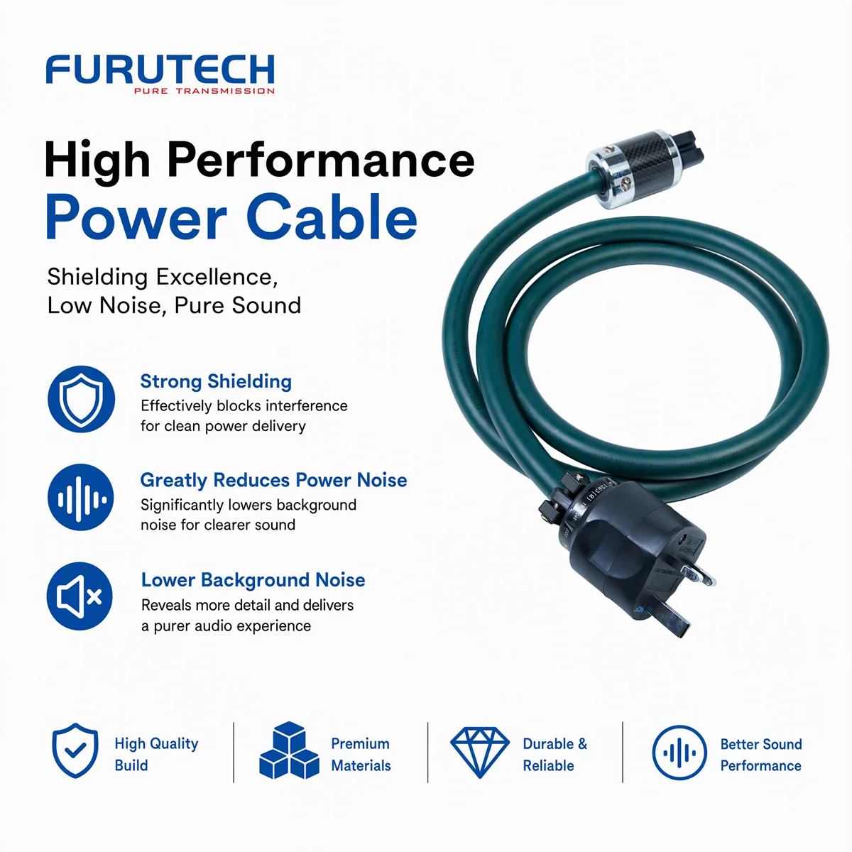 Furutech FP‑α3 Alpha OCC Single Crystal Copper HiFi Power Cable,UK 13A Plug to IEC C13 Mains Cord for Amplifier DAC CD Player