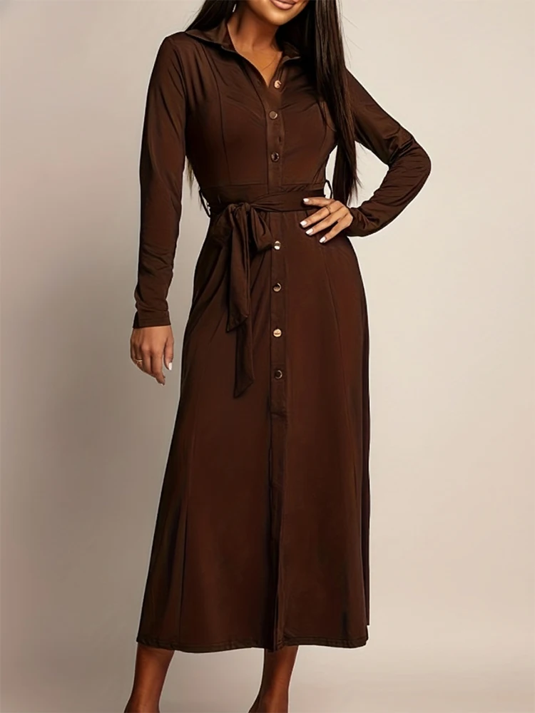 Yeezzi Damen-Hemdkleid, einfarbig, mit Gürtel, lässig, Büro-Revers-Hemdkleid, lange Ärmel, locker geknöpft, elegante Abend-Midi-Kleider