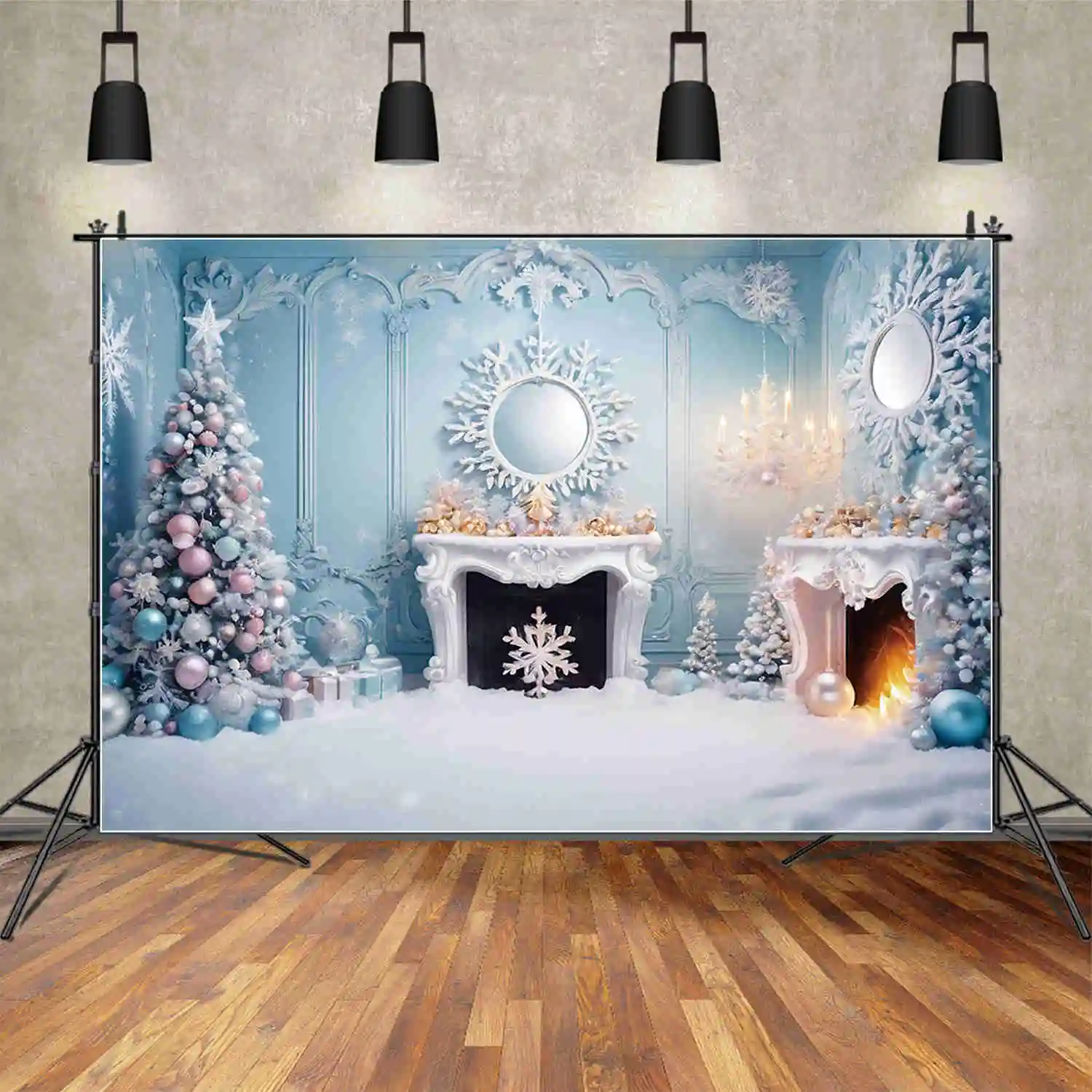 MOON.QG Christmas Living Room Backgrounds Ornaments Tree Snow Fireplace Frozen Backdrops Party Decoration Photo Zone Supplies