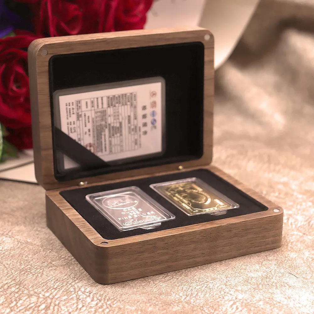 

Gold Bar Storage Box Solid Wood Commemorative Badge Gift Collection Box Flip Cover Magnetic Attraction Certificate Holder Suit