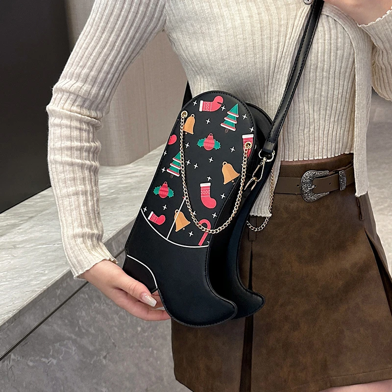 Bolso con botas divertidas para mujer, diseño de multitud navideña, bandolera con cadena a la moda, bolso con personalidad divertida para niños