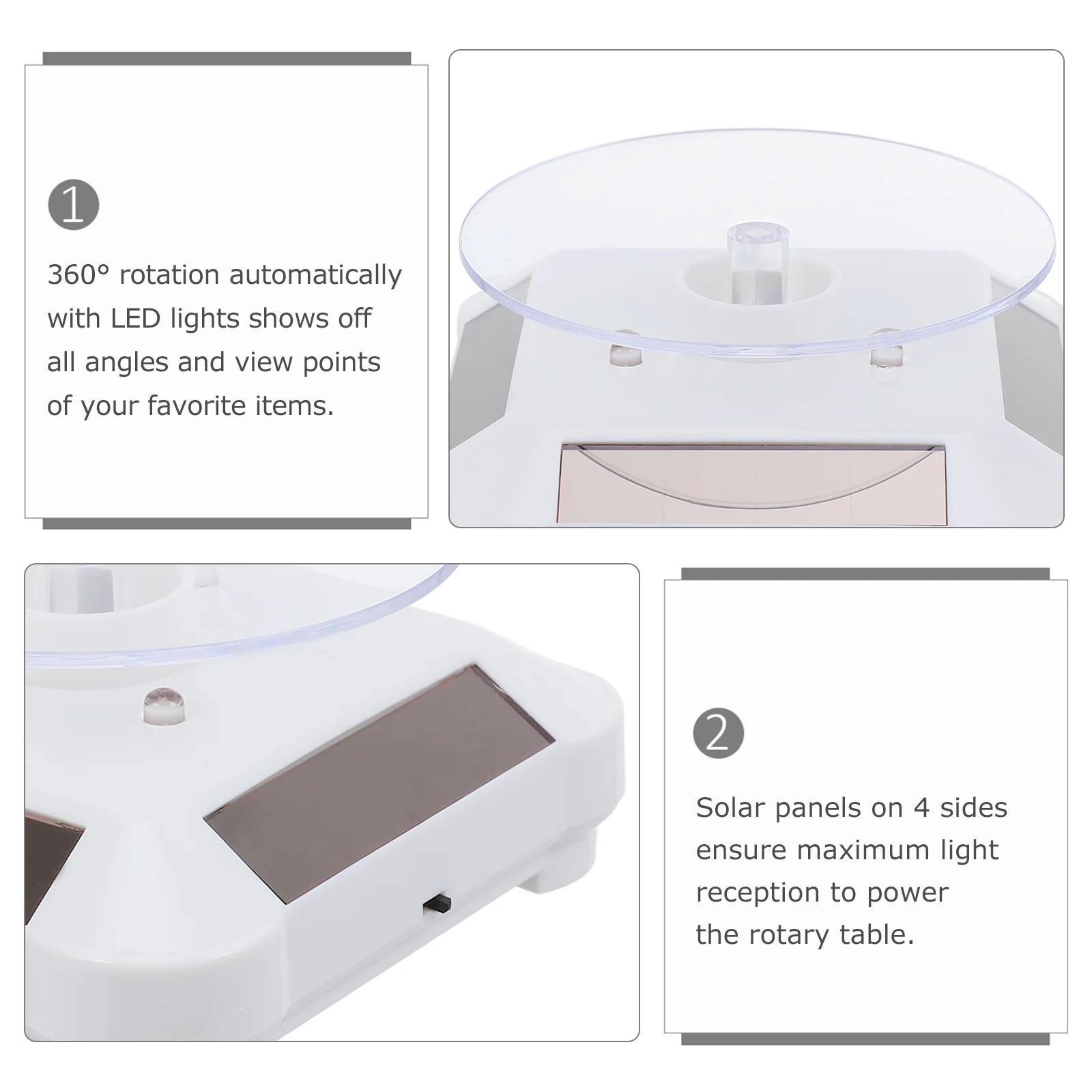 Solar Rotating Jewelry Display Rack 360 Degree Automatic Rotation Stand for Watches Cameras Small Items LED Light Showcase