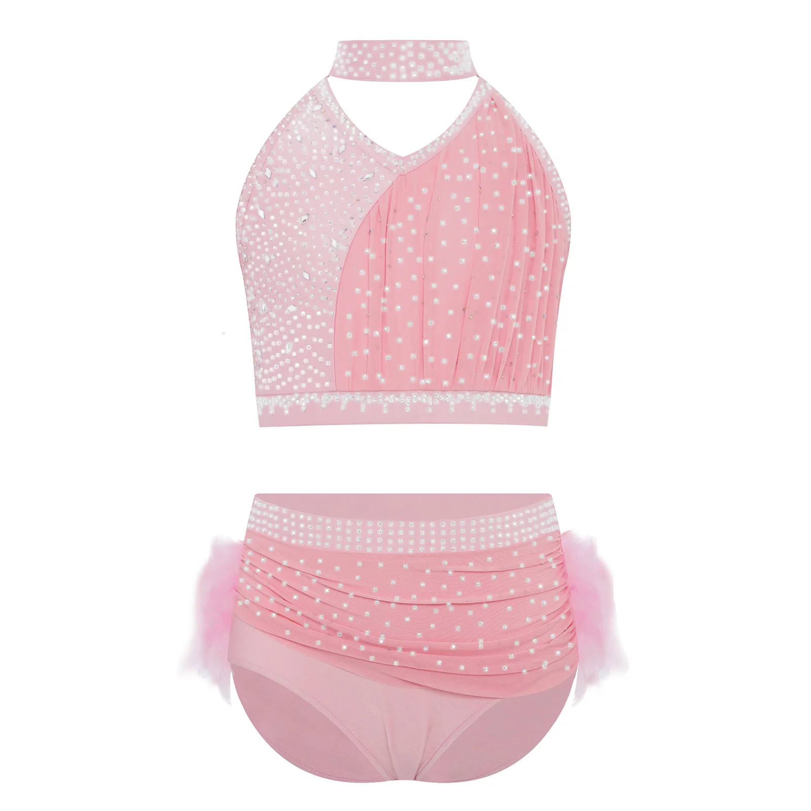 

Girls 2-Piece Ballet Dance Performance Outfit Sparkly Rhinestones Ruched Crop Top with Elastic Waistband Feather Briefs Skirt