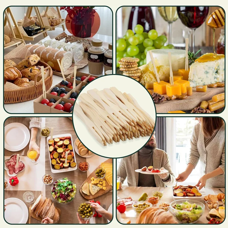 100Pcs Disposable Bamboo Fruit Fork 2 Prongs Wooden Cocktail Picks Small Appetizer Forks For Birthday Beach Luau Party Tableware