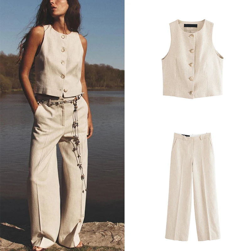 مجموعة أزياء نسائية جديدة من Z 2025، بنطلون عالي الخصر من ألياف البوليستر، صدرية مخططة بشكل قطري، بنطلون مستقيم الساق