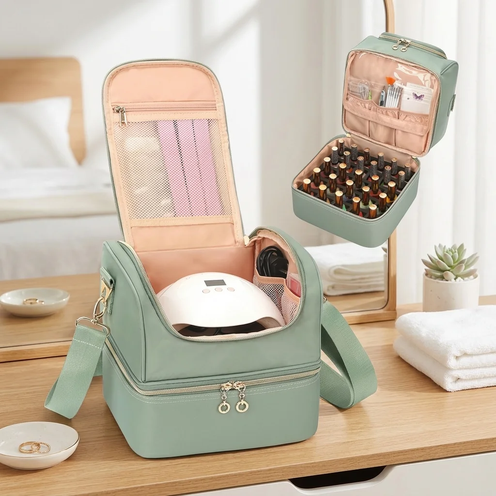 

Вместительная сумка для лаков для ногтей с двойным отделением для хранения, для фена, лампы и инструментов, сумка-кроссбоди для маникюра, дорожный органайзер для косметики