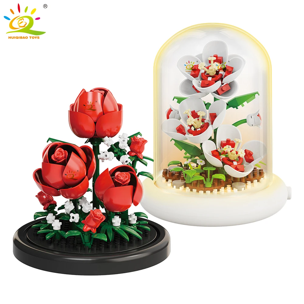 Huiqibao moc caixa de exibição buquê eterno micro bloco de construção modelo flor diy casa mesa