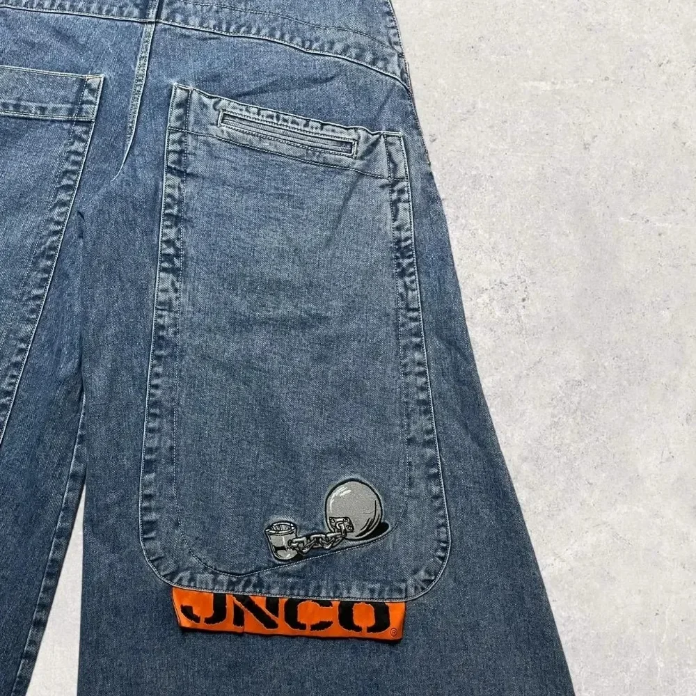 Harajuku Hip Hop Streetwear JNCO Baggy Jeans Wide Leg Trousers Y2K Men Retro Pockets Blue Vintage Baggy Jeans Gothic Denim Pants