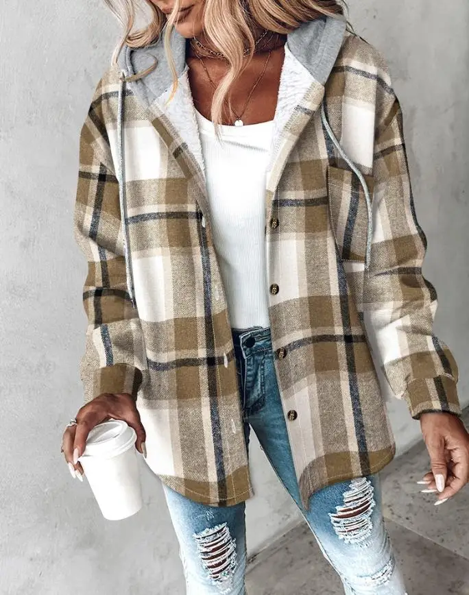 

Winter Warm and Fleece Checkered Printed Hoodie for Women's Casual Simple Loose Button Pocket Strap Long Sleeve Coat
