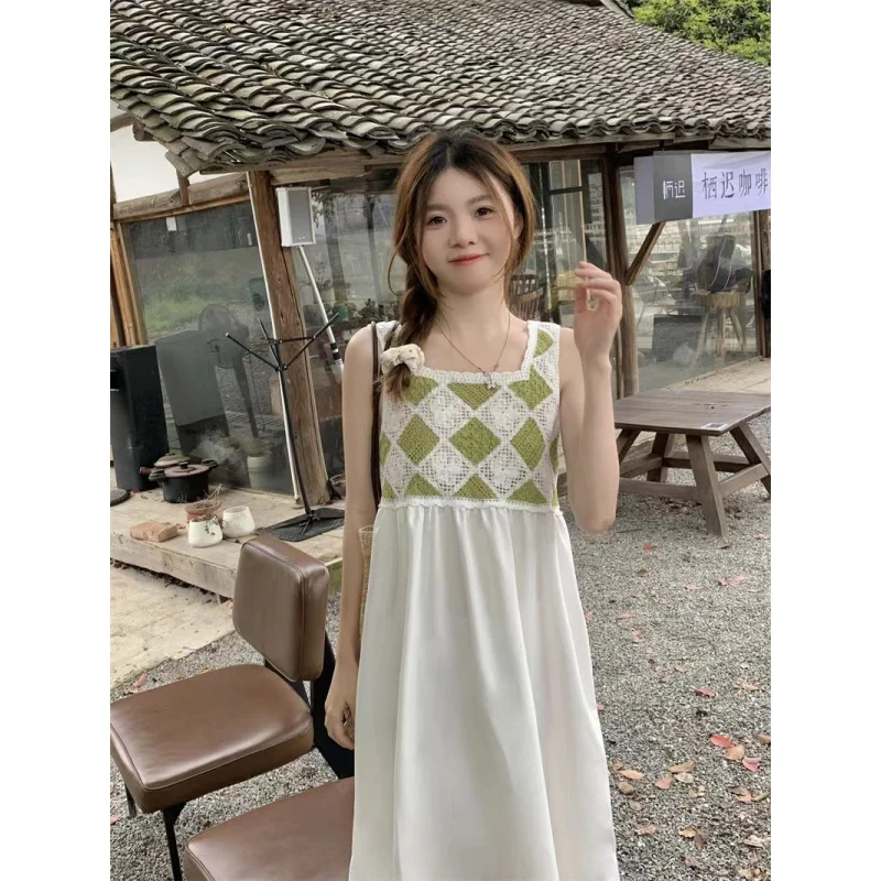 Retro Small Size Dress Women's Summer Ethnic Style Seaside Holiday Suspender Skirt Knitted Crocheted Hollow out Stitching Long S