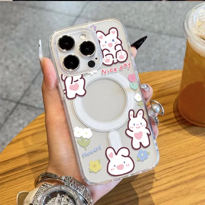 SEIRASSIM cute flower rabbits Magnetic phone case for iphone 16 pro max 15 plus 14 13 11 12 back cover for iphone xr xs x 7 8 SE