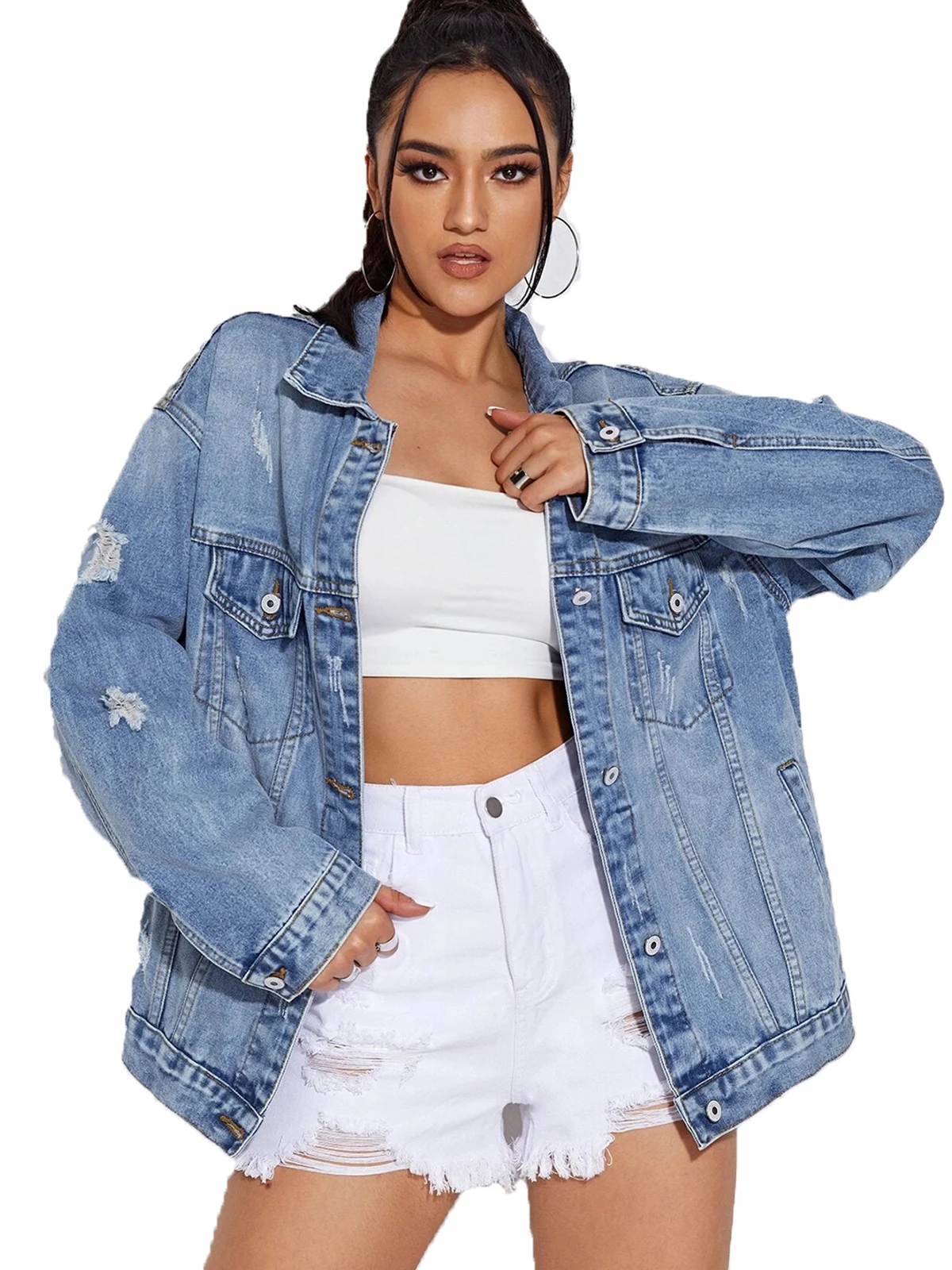 Women Jean Jacket Button Down Long Sleeve Denim Jackets With Pockets