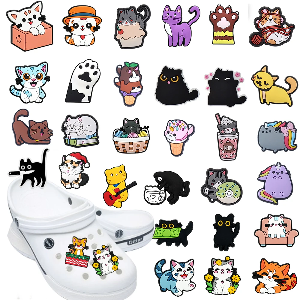 

Hot sales 8-100pcs Cartoon Cute cat Series PVC Shoes Accessories Fit with Hole wristbands DIY Detachable Waterproof Kids Gifts