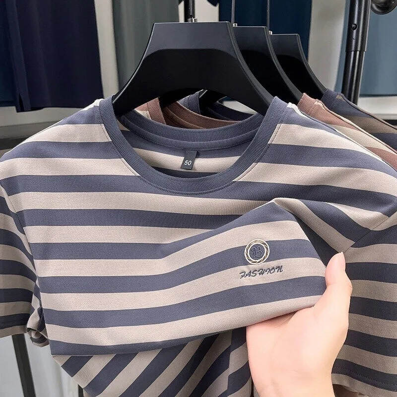 

High End Brand Striped Short Sleeve T-shirt Men Round Neck Top Summer Embroidered Breathable Business Casual Men's T Shirts