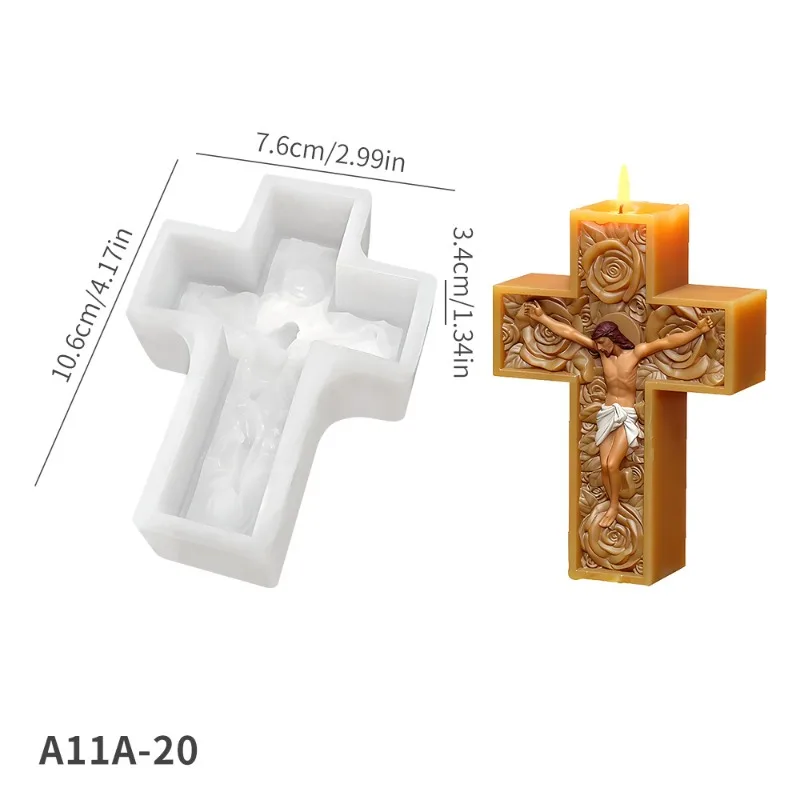 New Jesus Cross Character Candle Silicone Mold 3D Relief Rose Flower Cross Craft Gypsum, Cement, Soap Mold. Religious decorative view 6