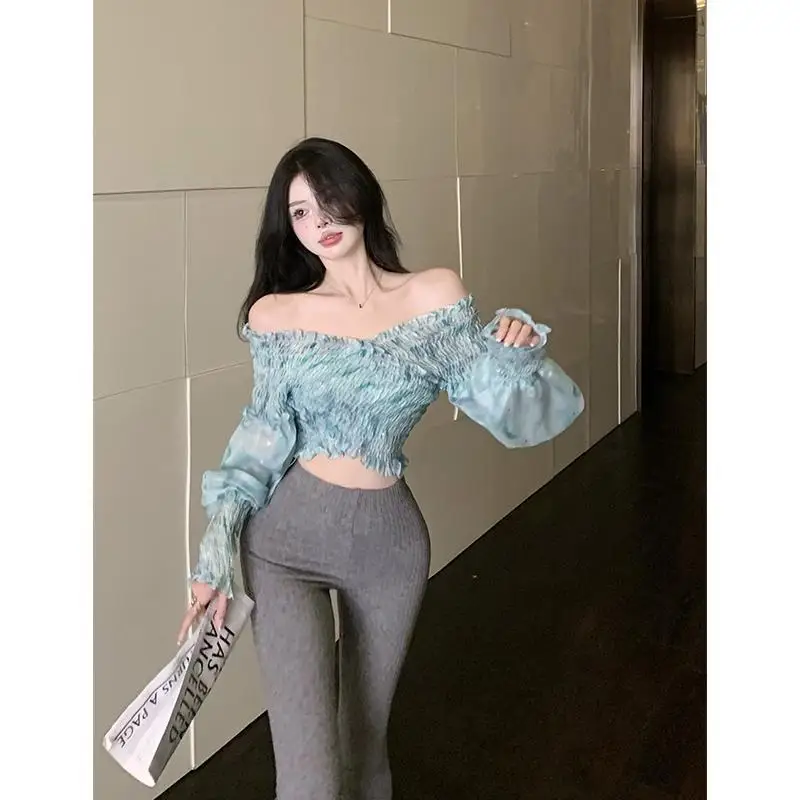 Chic and Beautiful Small Shirt Western-style Short Style Pleated Bubble Sleeves One Shoulder Chiffon Shirt Women's New Style