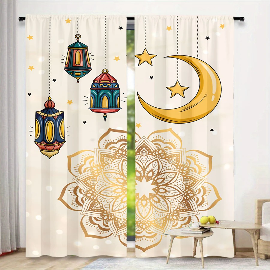 2 PCS Golden Moon Mandala Curtains, Exotic Boho Style Window Drapes for Living Room Bedroom Home Decor Polyester Rod Pocket