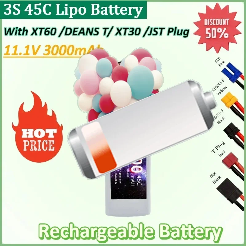 

11.1V 3000mAh 3S 45C Lipo Battery with XT60 DEANS T XT30 JST Plug for RC Airplane Quadcopter Drone FPV Boat Helicopter