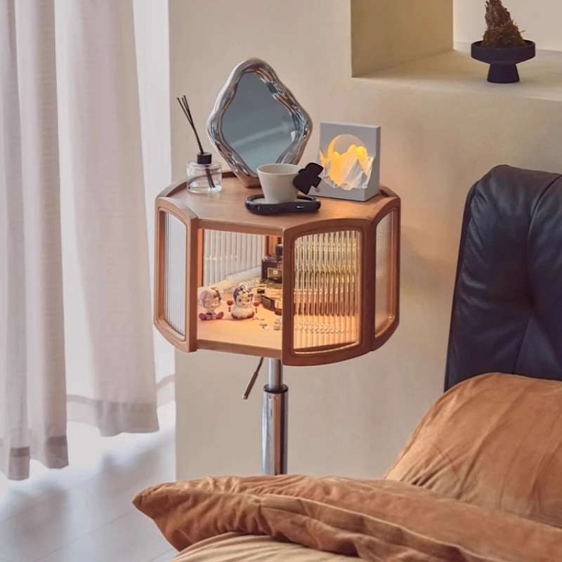 

Solid wood movable sofa edge with wheels can lift glass storage