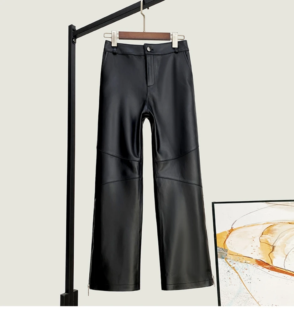 2023 Autumn Winter Brand New Designer Women\'s High Quality Genuine Leather Straight Pants A660