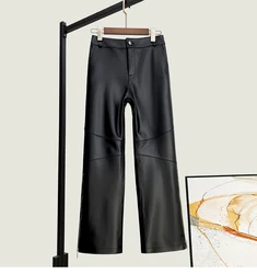 2023 Autumn Winter Brand New Designer Women's High Quality Genuine Leather Straight Pants A660